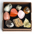 Nine natural zodiac crystal stones set in a brown gift box with black lining - Tumbled Stones Collection Box Five