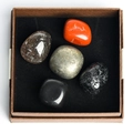 Set of 5 natural zodiac crystals including red jasper and pyrite in a brown gift box - Tumbled Stones Collection Box Six