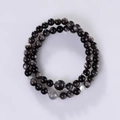 Bracciale a doppio giro in ossidiana argentata 6mm con labradorite e decori in metallo - Ossidiana Argentea e Pietra di Luna Grigia a Doppio Giro