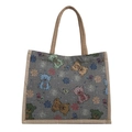 Large linen tote bag featuring colorful cartoon bears and snowflakes on a grey background - Gray