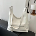 Minimalist white lychee grain leather tote bag with front zipper pocket and wide straps - White