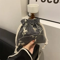 Borsa a secchiello grigia vintage con coulisse ricamo in pizzo e motivi floreali a mano - Nero