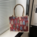Sac cabas rouge en toile avec motifs sapins colorés et anses en corde beige - Rouge