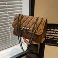 Brown quilted crossbody bag with metal chain strap and decorative lock for women - Coffee