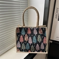 Borsa tote in tela nera con alberi di Natale colorati e manici in canapa beige - Nero