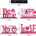 Tabla de tallas detallada de cuatro adornos de mesa de madera para San Valentín con corazones - Juego de Motivos Festivos (Love/Be Mine/XOXO/Happy Valentine)