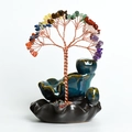 Colorful crystal tree of life with copper wire on deep blue ceramic incense burner base - Crystal Tree Incense Burner / Rainbow