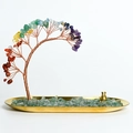 Albero di cristallo sette chakra con filo di rame su vassoio dorato porta incenso - Set ornamentale multicolore (con vassoio e portaincenso)