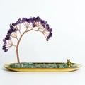 Albero di ametista artistico con filo di rame e vassoio dorato con una zucca - Amethyst Ornament Set (With Tray & Incense Holder)