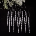 Set of 12 clear acrylic spiral icicle ornaments hanging on a frosted Christmas branch - 6-inch Flowing Ice Bar Pendant 12 Pieces