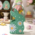 Green felt Easter bunny basket with daisy patterns and white polka dots for candy storage - Green