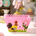 Pink felt Easter basket with yellow rooster decoration and hollow diamond mesh design - Pink