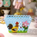 Sky blue felt Easter rooster storage basket with colorful floral and ladybug patches - Blue