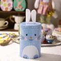 Blue Easter bunny tin canister with plush ears for candy storage and holiday decor - Blue