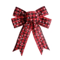 Red and black buffalo plaid Christmas bow with white snowflakes for tree decoration - Red Black Plaid Snowflake Bow