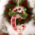 Christmas tree letter C pendant with red and white plaid pattern and rustic pine cones - Letter C