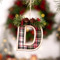 Letter D Christmas ornament featuring red and black plaid fabric with pine needle detail - Letter D