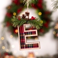 Rustic Christmas tree letter E ornament with red-black plaid and faux pine details - Letter E