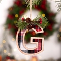 Christmas tree letter G ornament with red and black buffalo plaid and pine needles - Letter G