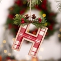 Christmas plaid letter H ornament with pine needles and red berries for tree decoration - Letter H