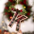 Christmas tree letter K ornament with red green tartan fabric and pine cone decor - Letter K