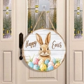 Easter wooden welcome sign featuring bunny and eggs hanging on a white door - Hand-painted Vintage Brown Bunny Style (Style D) / 30cm Large
