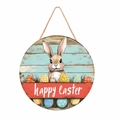 Round wooden Happy Easter door sign with bunny, colorful eggs and hanging twine - Vintage Illustration Long Ear Bunny Egg Style (Style E) / 30cm Large