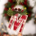 Christmas tree letter M pendant with red buffalo plaid fabric and pine cone decor - Letter M