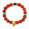 Red agate bracelet with golden dragon charm and light blue spacers in ethnic style - Zodiac Dragon