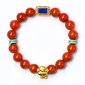 Red agate bead bracelet with golden zodiac charm and turquoise blue stone accents - Zodiac Sheep