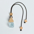 Hanging car essential oil diffuser with light blue glass bottle and wooden cap - Prism Bottle - Gardenia (Aquamarine)
