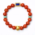 Red agate zodiac pig bracelet with gold accents and blue gemstone filigree bead - Zodiac Pig