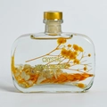 Flacon d'aromathérapie en cristal rectangulaire avec fleurs séchées jaunes et bouchon doré - Bouteille Plate - Freesia (Citrine)