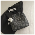 Large gray floral tote bag with black leather straps, silver chain and cloud pendant - With Pendant / Black