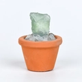Mini pot en terre cuite avec une pierre de cristal vert naturel sur fond blanc - Fluorite