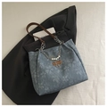 Floral denim tote bag in light blue with brown leather handles and pearl chain strap - With Pendant / Blue