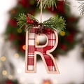 Christmas tree wooden letter R pendant with red plaid fabric and pine cone decor - Letter R
