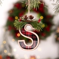 Letter S Christmas tree ornament with red and black buffalo plaid pattern and pine cones - Letter S