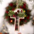 Christmas plaid letter T ornament with wooden frame and pine needle decoration - Letter T