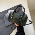 Green plaid wool Boston handbag with black leather straps and gold metal hardware - Green Plaid