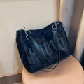 Black faux fur tote bag with leather letter embroidery and metal buckle strap for autumn - Black