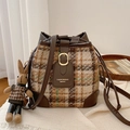 Retro brown plaid tweed bucket bag with leather trim and cute rabbit charm for women - Brown