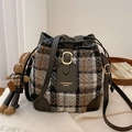 Retro plaid tweed bucket bag with leather trim and brown bunny charm for women - Black