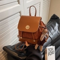 Vintage brown PU leather mini backpack with suede panel and cute bunny doll charm - Brown