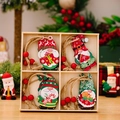 Set of 4 Christmas wooden gnome ornaments in a wooden box with red beads and twine - Christmas Wooden 4-Grid Style B