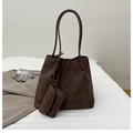 Dark brown large capacity tote bag in vintage faux suede with matching small pouch - Coffee