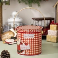 Seau de Noël en fer blanc à carreaux rouges et blancs avec Père Noël et poignée dorée - Style Père Noël Carreaux Rouge & Blanc (E)