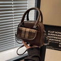 Vintage dark brown plaid bowling bag with top handles and adjustable shoulder strap - Brown
