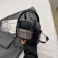 Retro plaid bowling bag for women with black faux leather and silver-tone hardware accents - Black