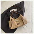Borsa retrò in pelle scamosciata kaki con catena di perle e tracolla in pelle marrone - Con catena / Cachi Scuro